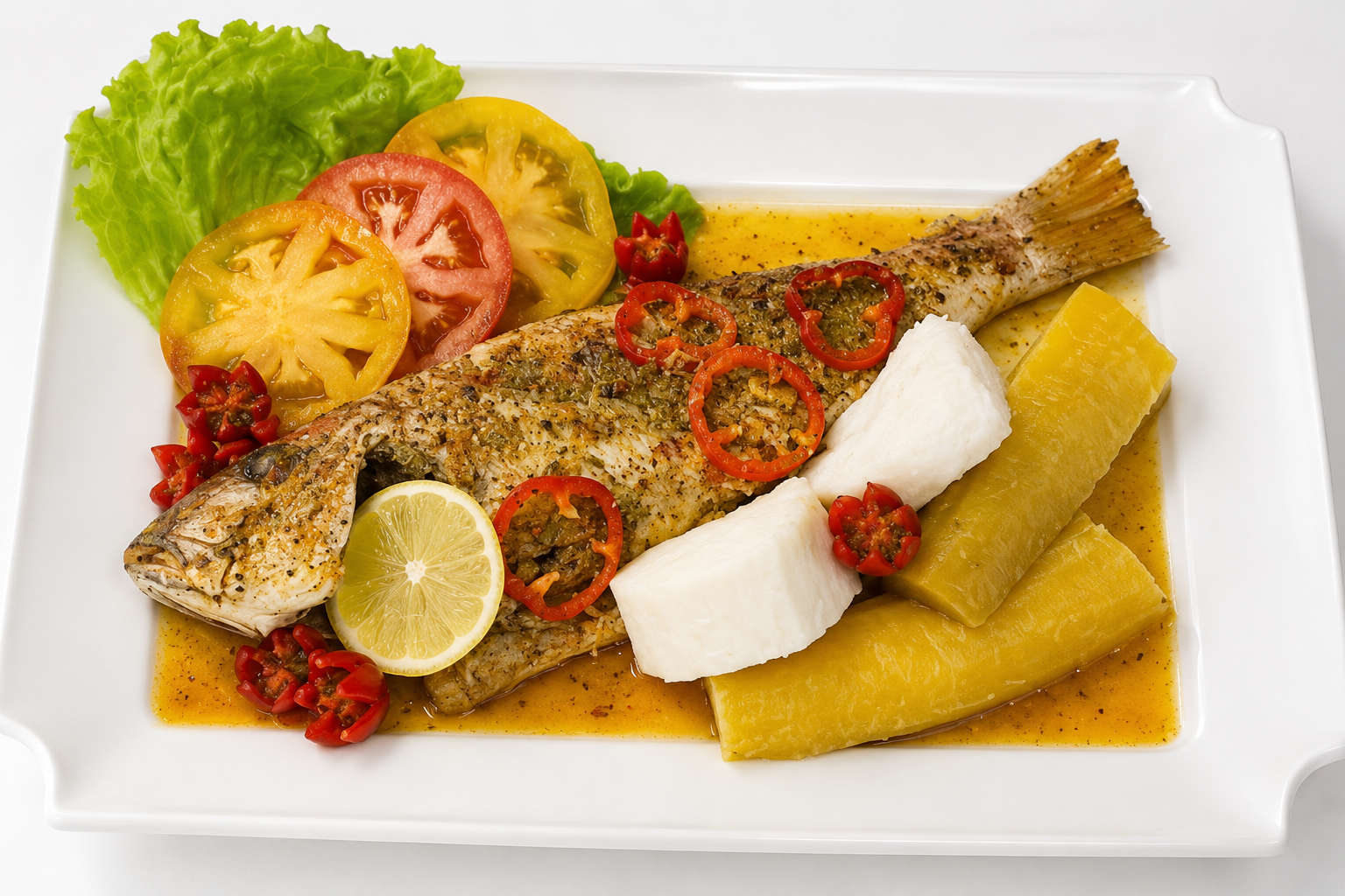 Poisson, igname et bananes bouillies